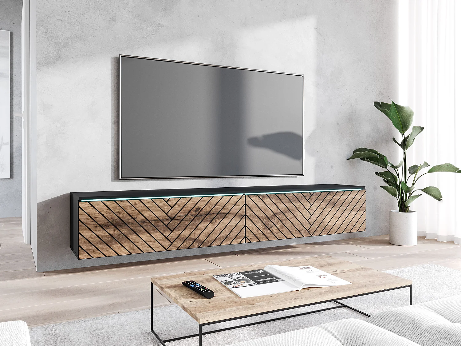 Moderner 180 cm TV-Ständer mit LED, Matt Schwarz, Chevron-Muster, Ohne Griffe, Wandmontage oder Freistehend