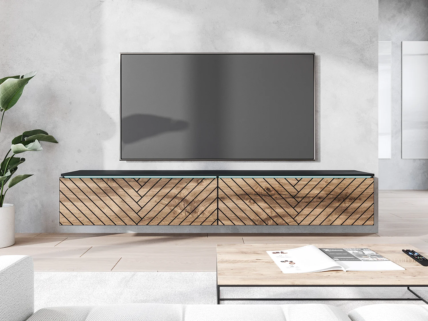 Moderner 180 cm TV-Ständer mit LED, Matt Schwarz, Chevron-Muster, Ohne Griffe, Wandmontage oder Freistehend