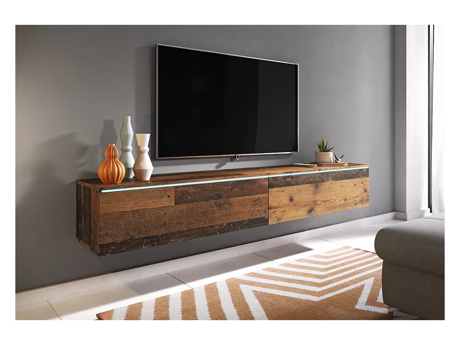 Moderne TV-meubel 180 cm voor woonkamer met LED – 2-deurs, greeploos, old style mat, staand of hangend