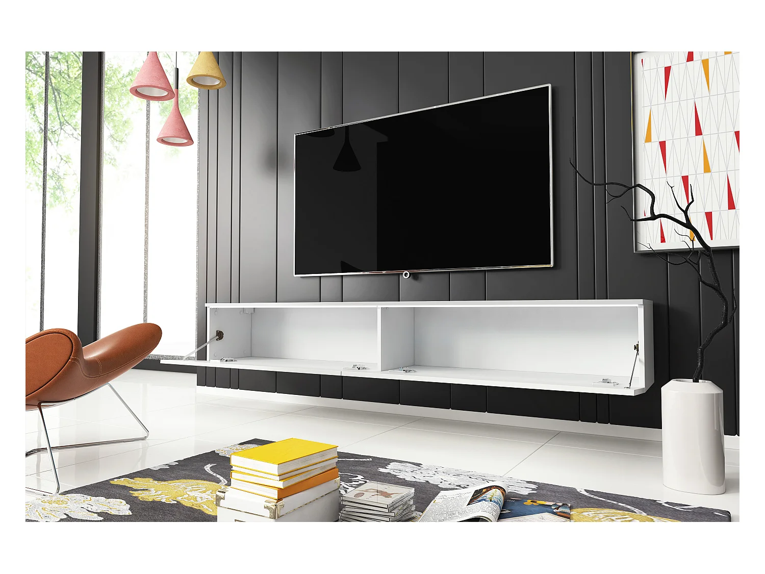 Meuble TV moderne 180 cm pour salon avec LED – 2 portes, sans poignées, caisson blanc mat, façades blanc brillant, à poser ou à suspendre