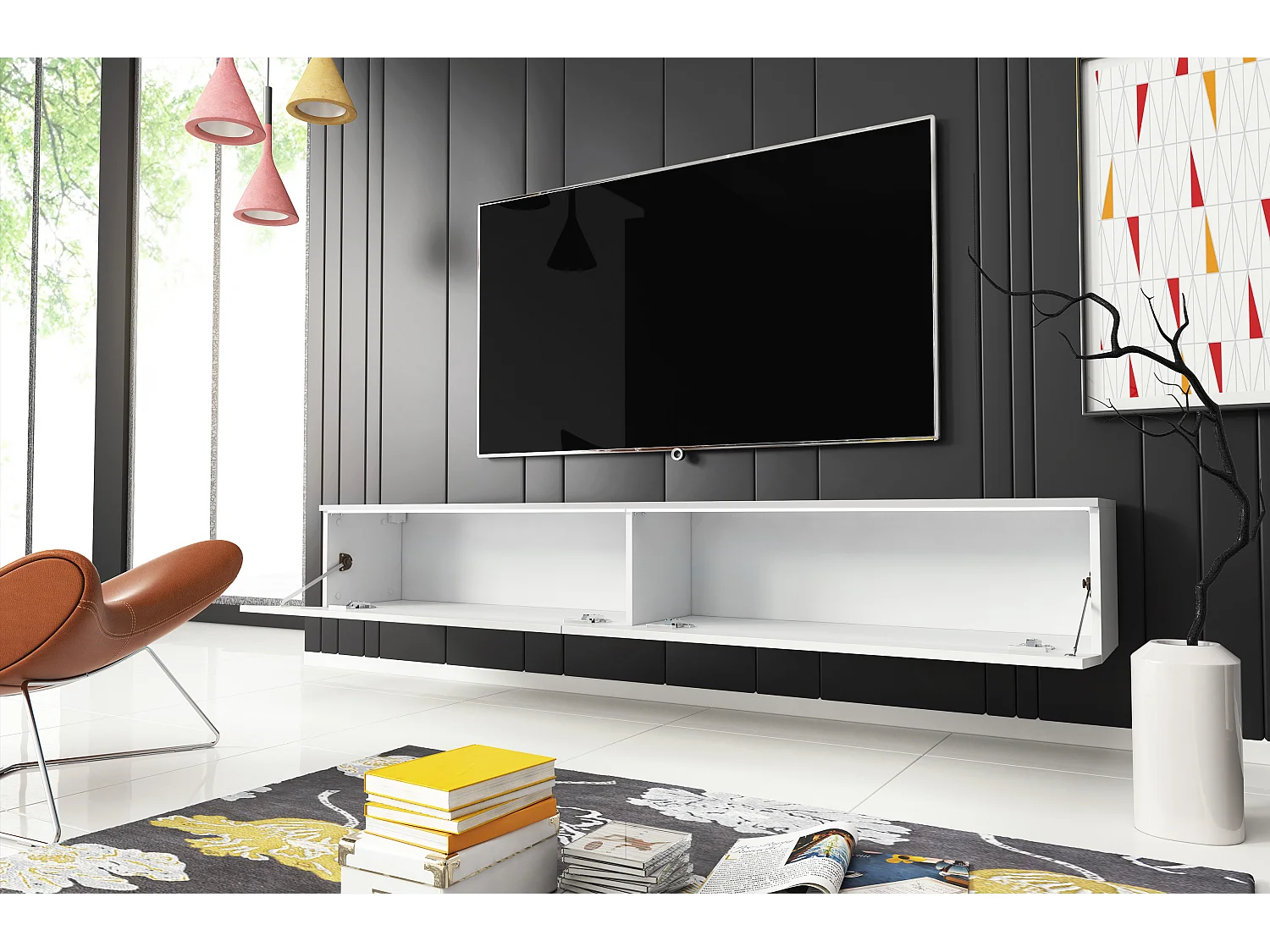 Mueble de TV moderno 180 cm para salón con LED – 2 puertas, sin tiradores, cuerpo blanco mate, frentes blanco brillo, de pie o suspendido