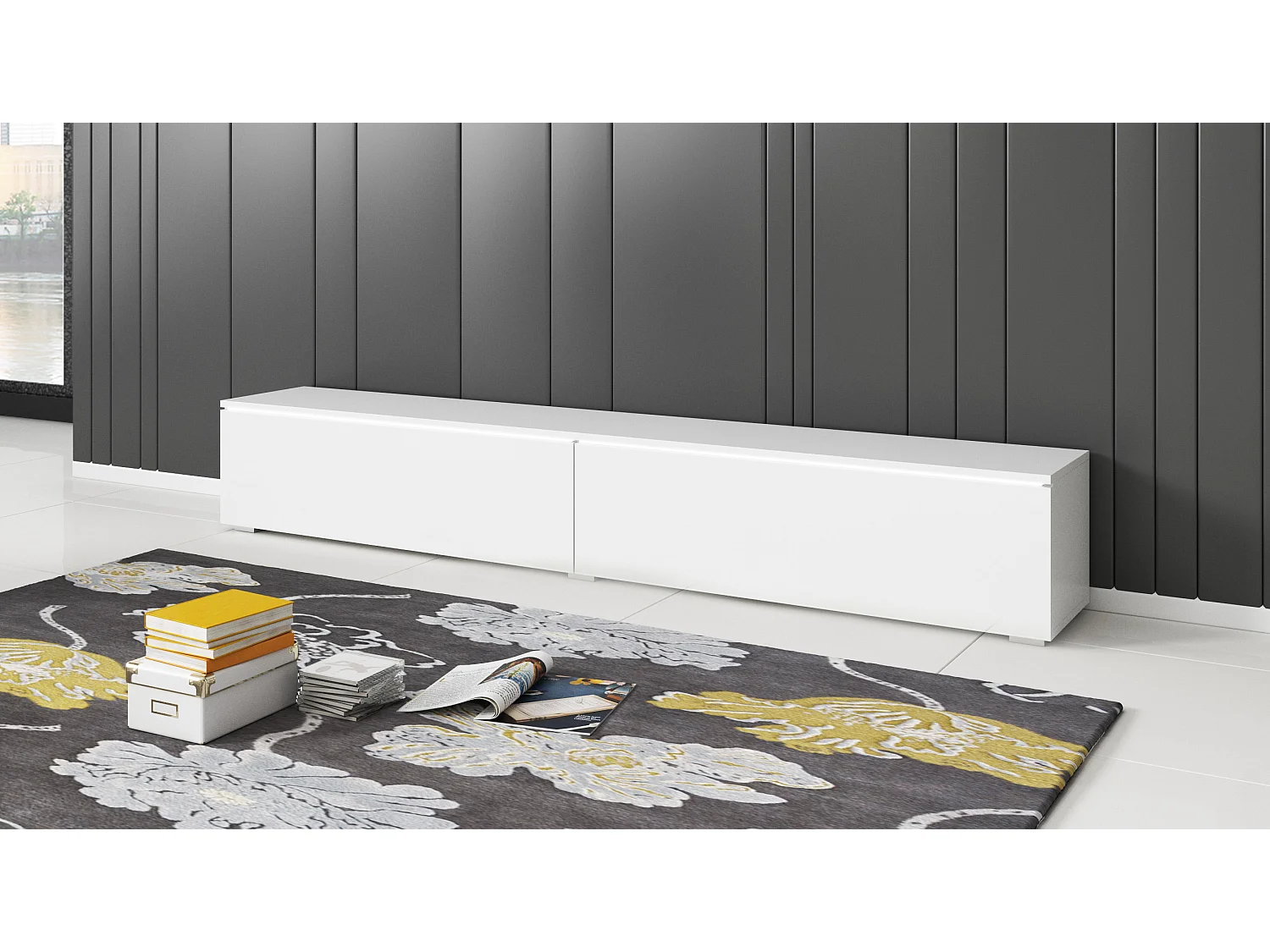 Mueble de TV moderno 180 cm para salón con LED – 2 puertas, sin tiradores, cuerpo blanco mate, frentes blanco brillo, de pie o suspendido