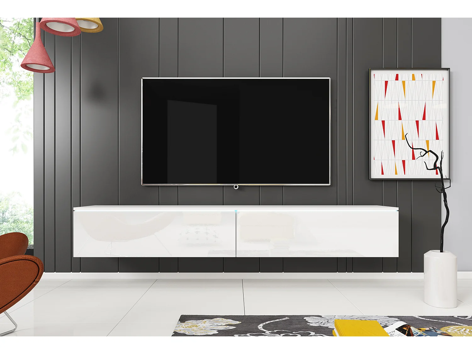 Mueble de TV moderno 180 cm para salón con LED – 2 puertas, sin tiradores, cuerpo blanco mate, frentes blanco brillo, de pie o suspendido