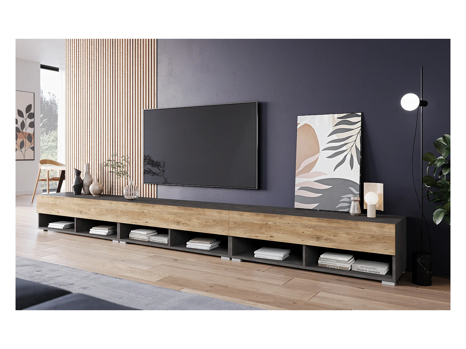 Meuble TV moderne 300 cm avec LED – sans poignées, corps matera mat, façades châtaignier, posé au sol ou suspendu