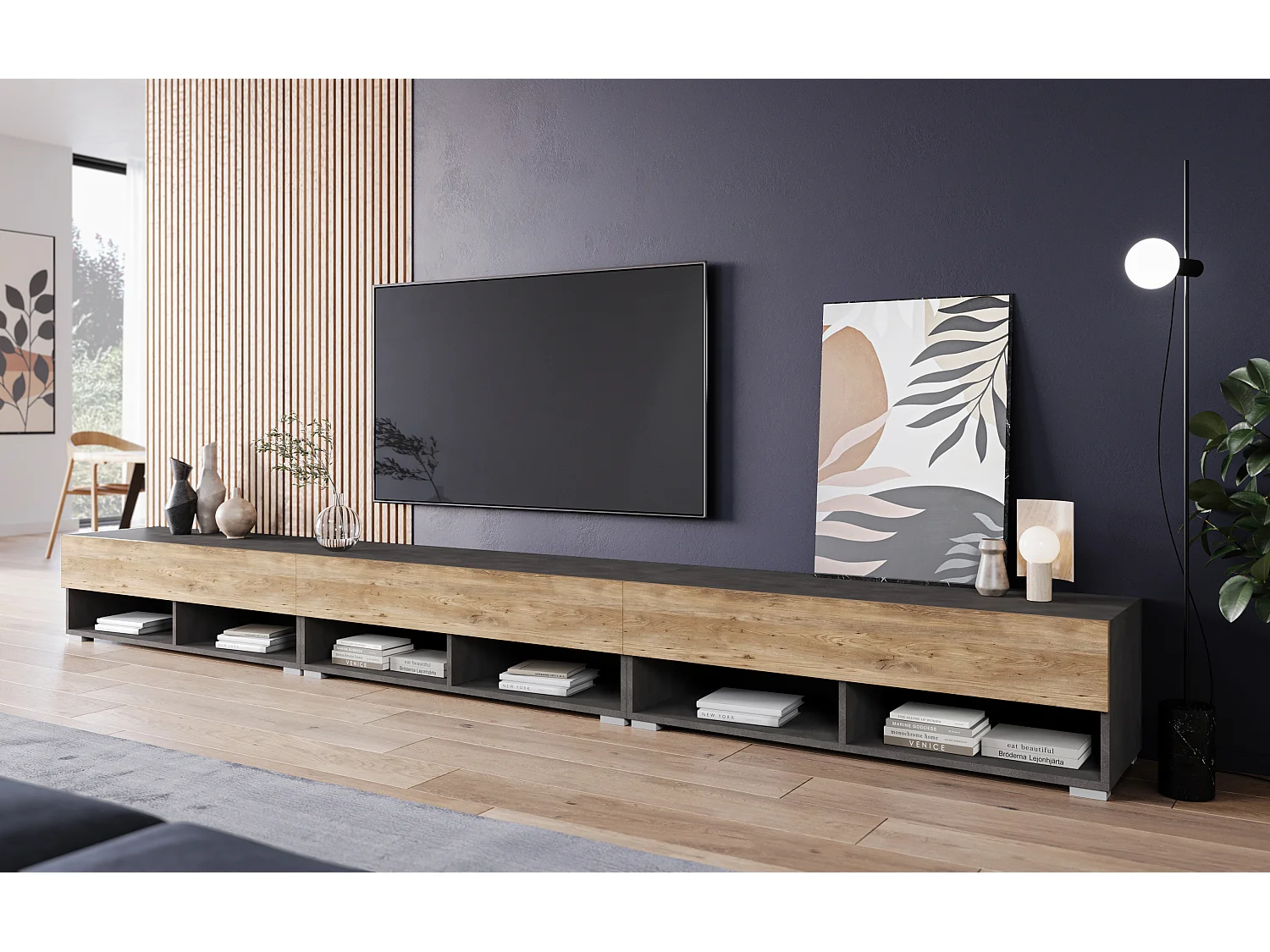 Móvel de TV moderno 300 cm com LED – sem puxadores, corpo matera mate, frentes castanheiro, suspenso ou de pé