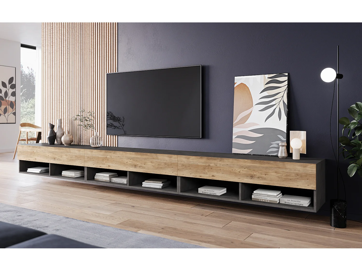 Meuble TV moderne 300 cm avec LED – sans poignées, corps matera mat, façades châtaignier, posé au sol ou suspendu