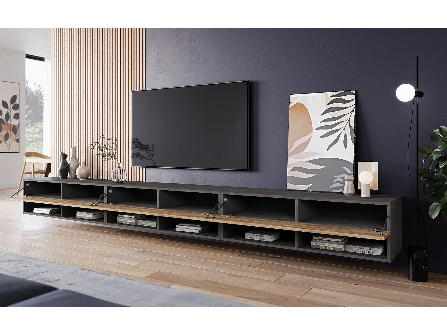 Meuble TV moderne 300 cm avec LED – sans poignées, corps matera mat, façades châtaignier, posé au sol ou suspendu
