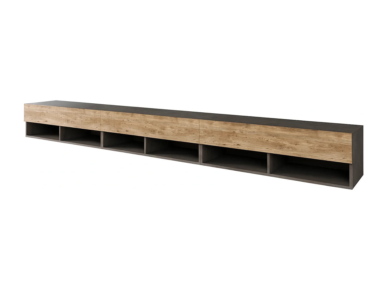 Meuble TV moderne 300 cm avec LED – sans poignées, corps matera mat, façades châtaignier, posé au sol ou suspendu