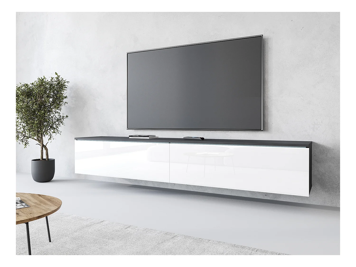 Meuble TV moderne 180 cm pour salon avec LED – 2 portes, sans poignées, caisson anthracite mat, façades blanc brillant, à poser ou à suspendre