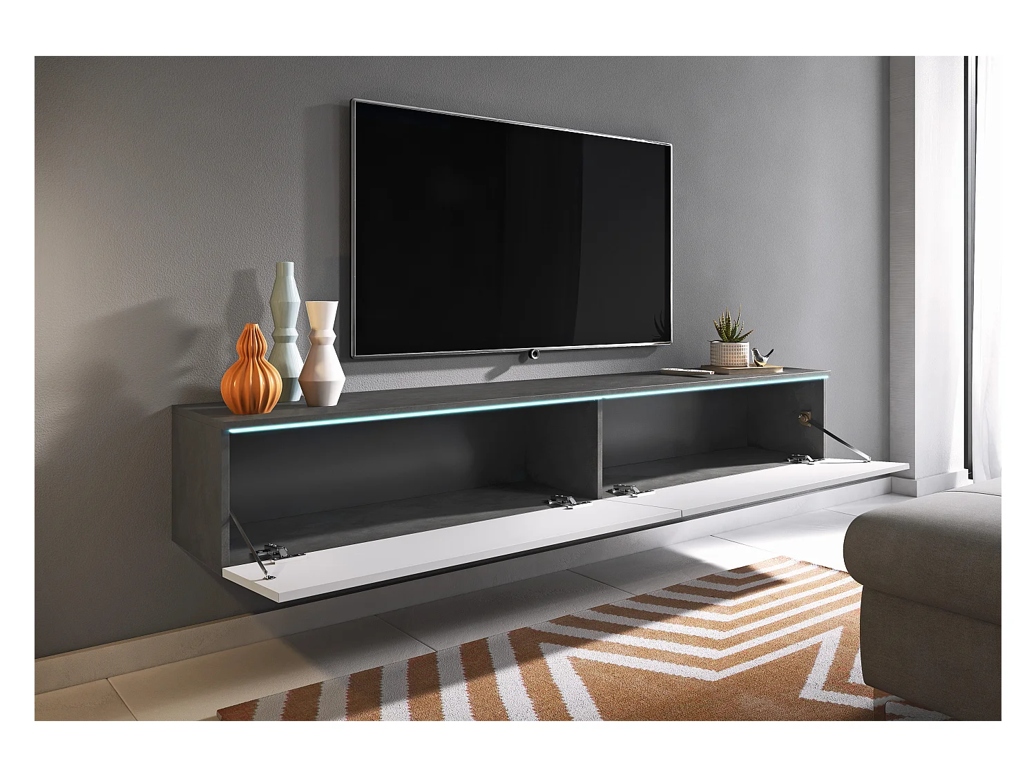 Meuble TV moderne 180 cm pour salon avec LED – 2 portes, sans poignées, caisson anthracite mat, façades blanc brillant, à poser ou à suspendre
