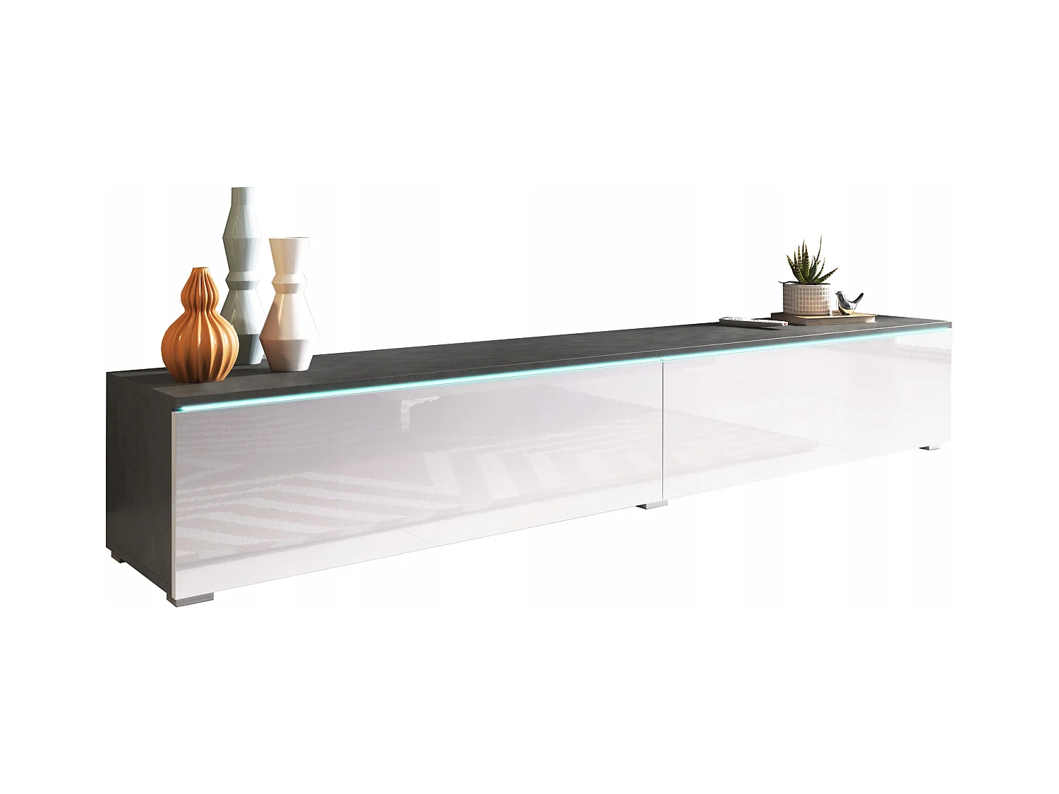 Mueble de TV moderno 180 cm para salón con LED – 2 puertas, sin tiradores, cuerpo antracita mate, frentes blanco brillo, de pie o suspendido