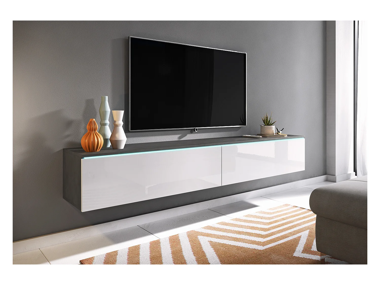 Mueble de TV moderno 180 cm para salón con LED – 2 puertas, sin tiradores, cuerpo antracita mate, frentes blanco brillo, de pie o suspendido