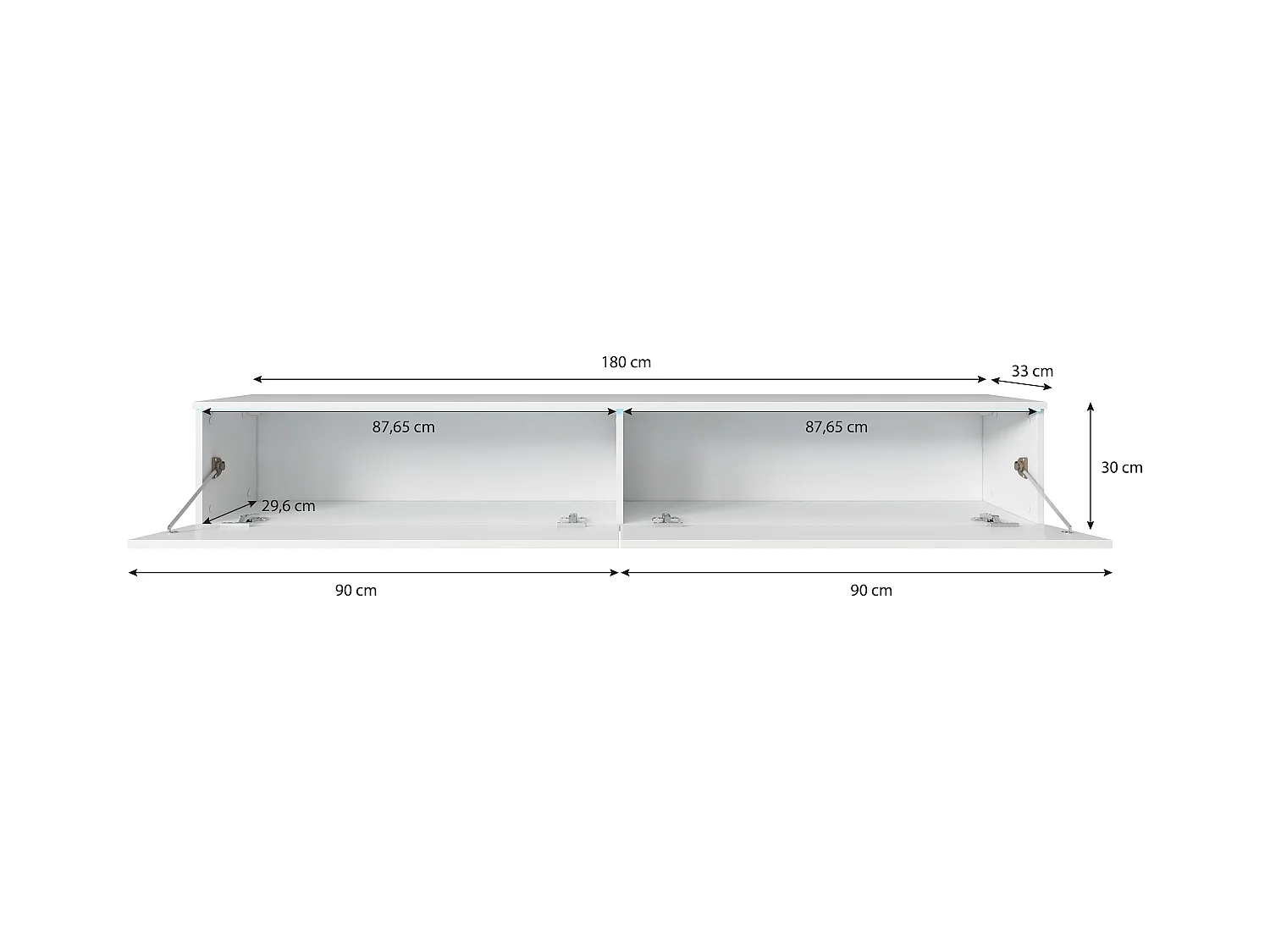 Mueble de TV moderno 180 cm para salón con LED – 2 puertas, sin tiradores, cuerpo antracita mate, frentes blanco brillo, de pie o suspendido