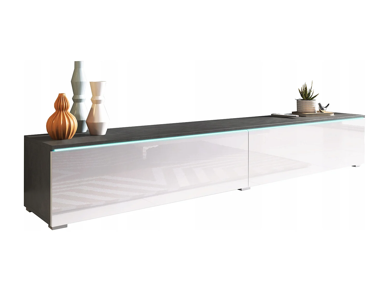 Meuble TV moderne 180 cm pour salon avec LED – 2 portes, sans poignées, caisson anthracite mat, façades blanc brillant, à poser ou à suspendre