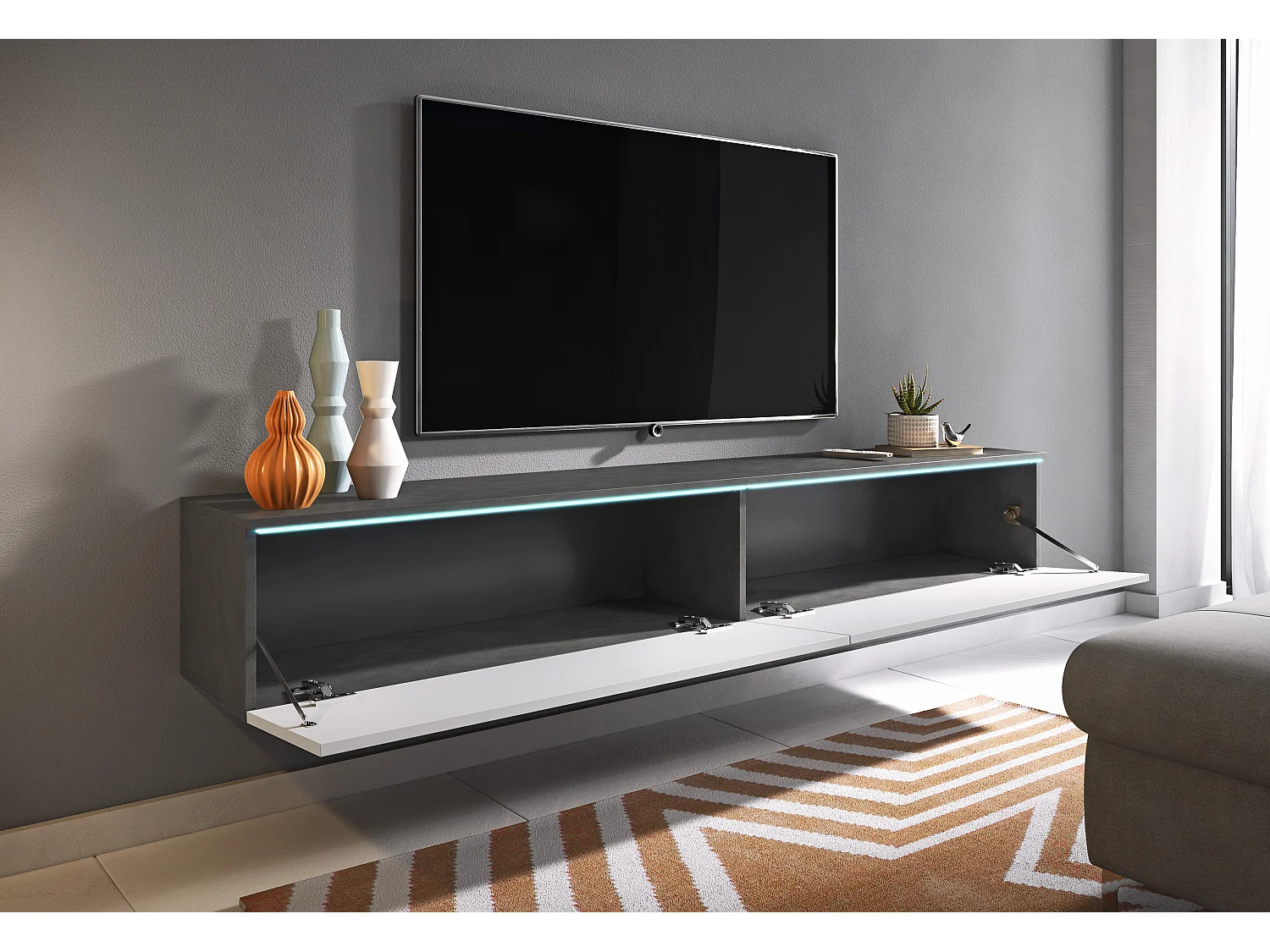 Meuble TV moderne 180 cm pour salon avec LED – 2 portes, sans poignées, caisson anthracite mat, façades blanc brillant, à poser ou à suspendre