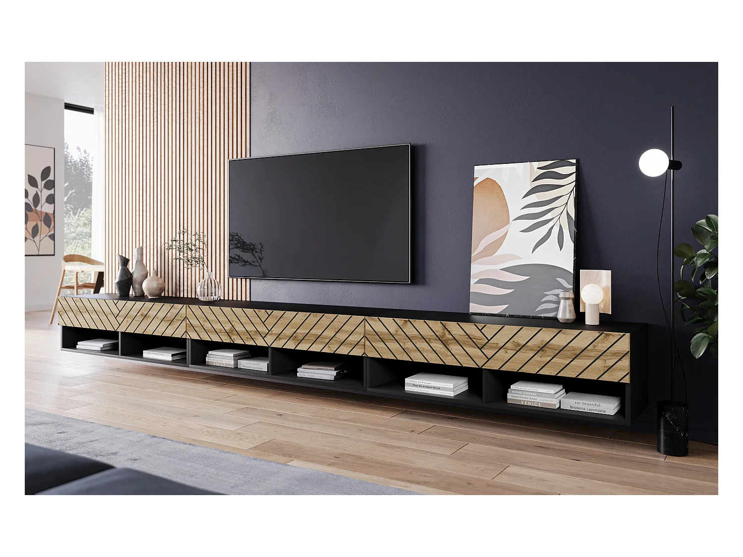 Meuble TV moderne 300 cm avec LED – corps noir mat façades MDF chêne Wotan motif chevrons suspendu ou posé