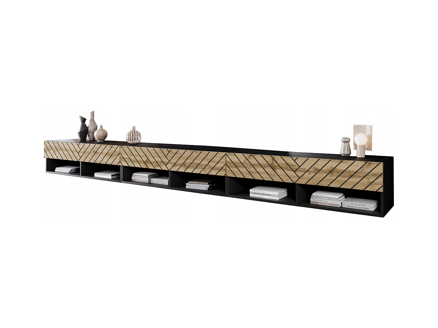 Meuble TV moderne 300 cm avec LED – corps noir mat façades MDF chêne Wotan motif chevrons suspendu ou posé