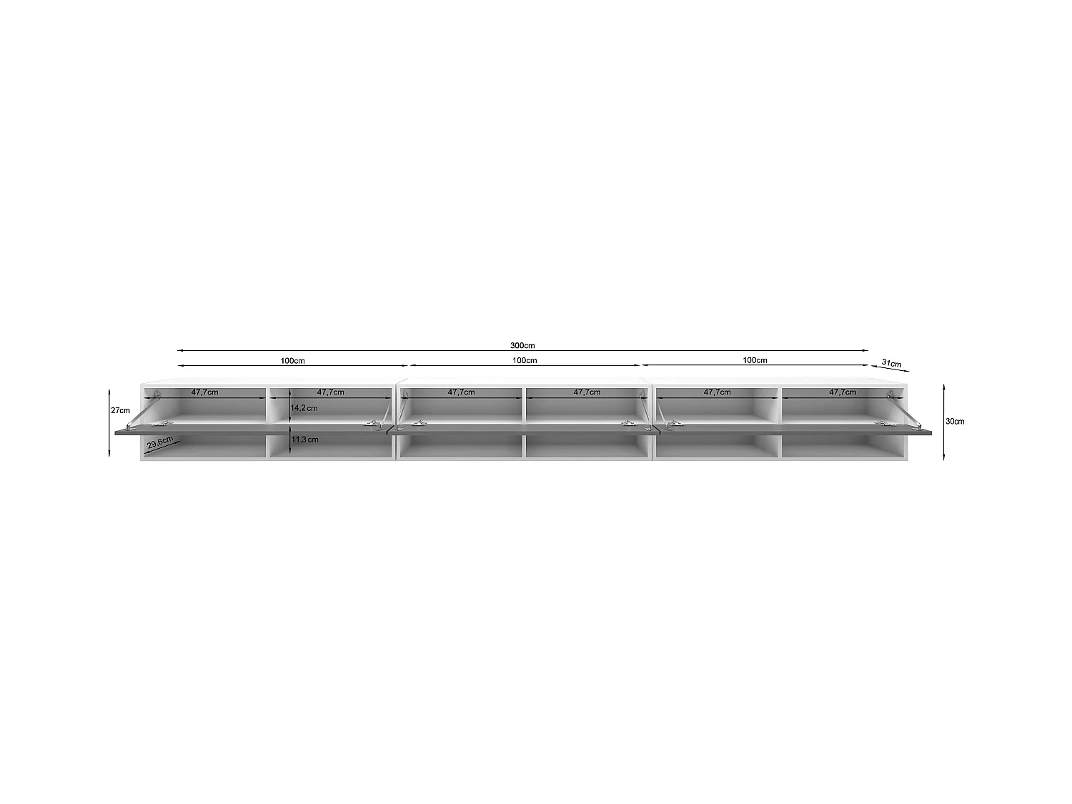 Meuble TV moderne 300 cm avec LED – corps noir mat façades MDF chêne Wotan motif chevrons suspendu ou posé