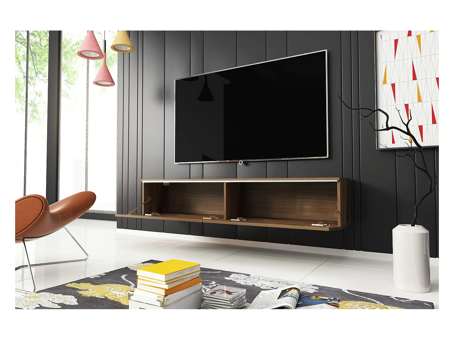 Meuble TV moderne 140 cm avec LED 2 portes, sans poignées, chêne wotan, posé ou suspendu