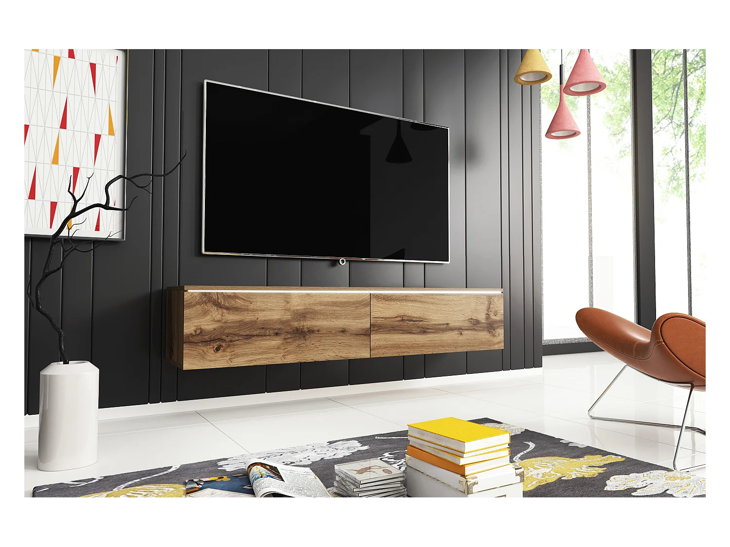 Nowoczesna szafka RTV 140 cm do salonu z LED 2-drzwiowa, bezuchwytowa, dąb wotan, stojąca lub wisząca