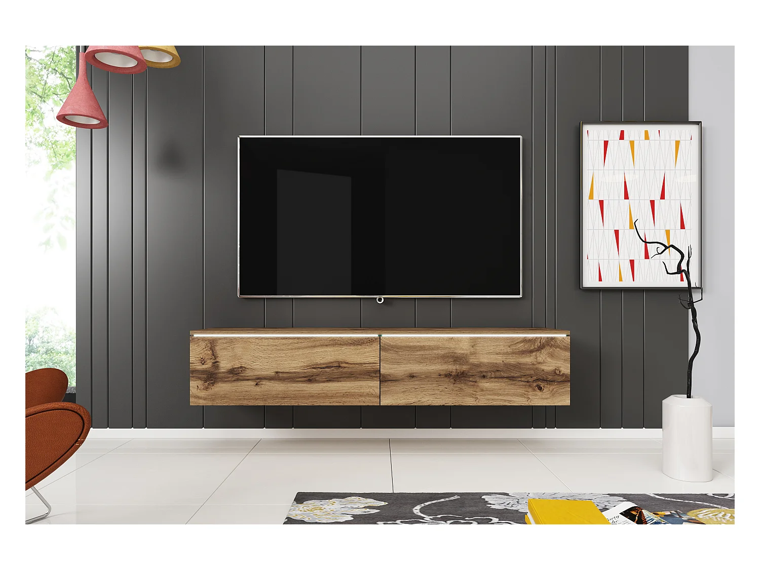 Nowoczesna szafka RTV 140 cm do salonu z LED 2-drzwiowa, bezuchwytowa, dąb wotan, stojąca lub wisząca