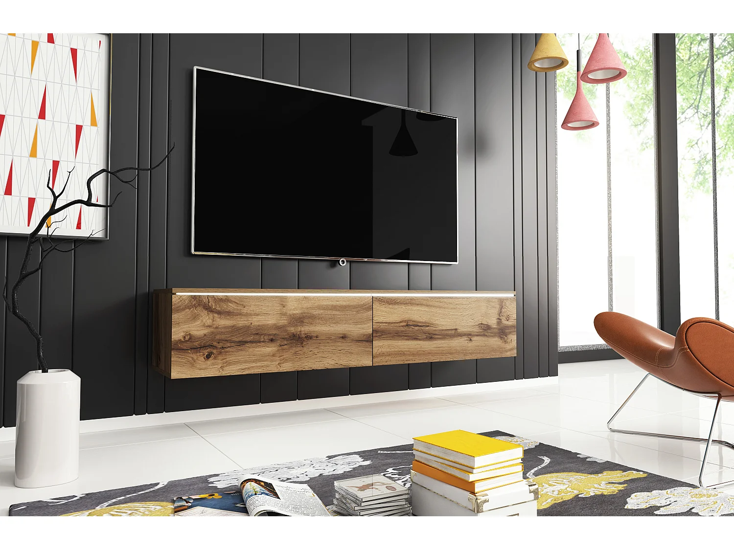 Meuble TV moderne 140 cm avec LED 2 portes, sans poignées, chêne wotan, posé ou suspendu