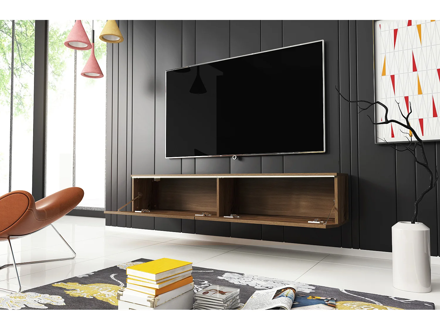 Meuble TV moderne 140 cm avec LED 2 portes, sans poignées, chêne wotan, posé ou suspendu