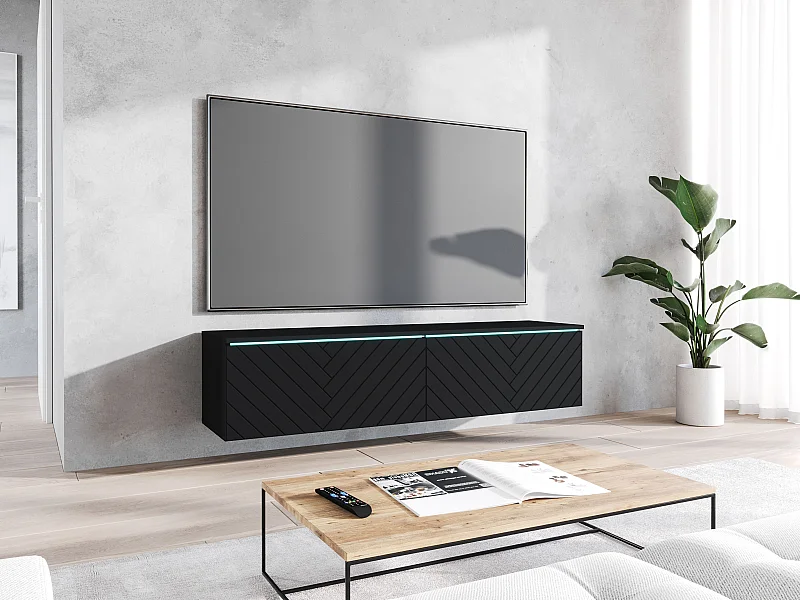 Meuble TV moderne 140 cm pour salon avec LED 2 portes sans poignées noir mat posé ou suspendu façades MDF motif chevrons