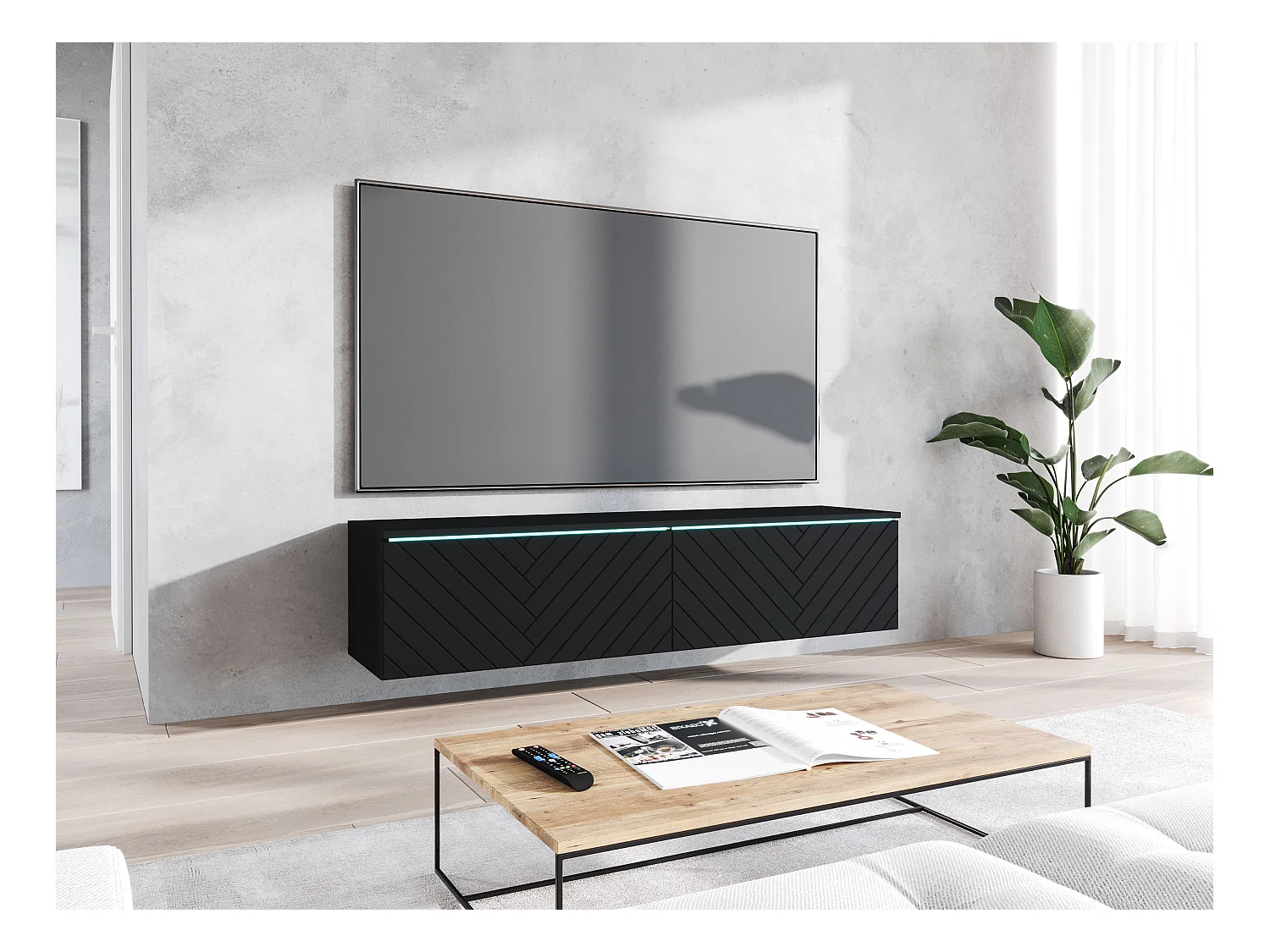 Meuble TV moderne 140 cm pour salon avec LED 2 portes sans poignées noir mat posé ou suspendu façades MDF motif chevrons