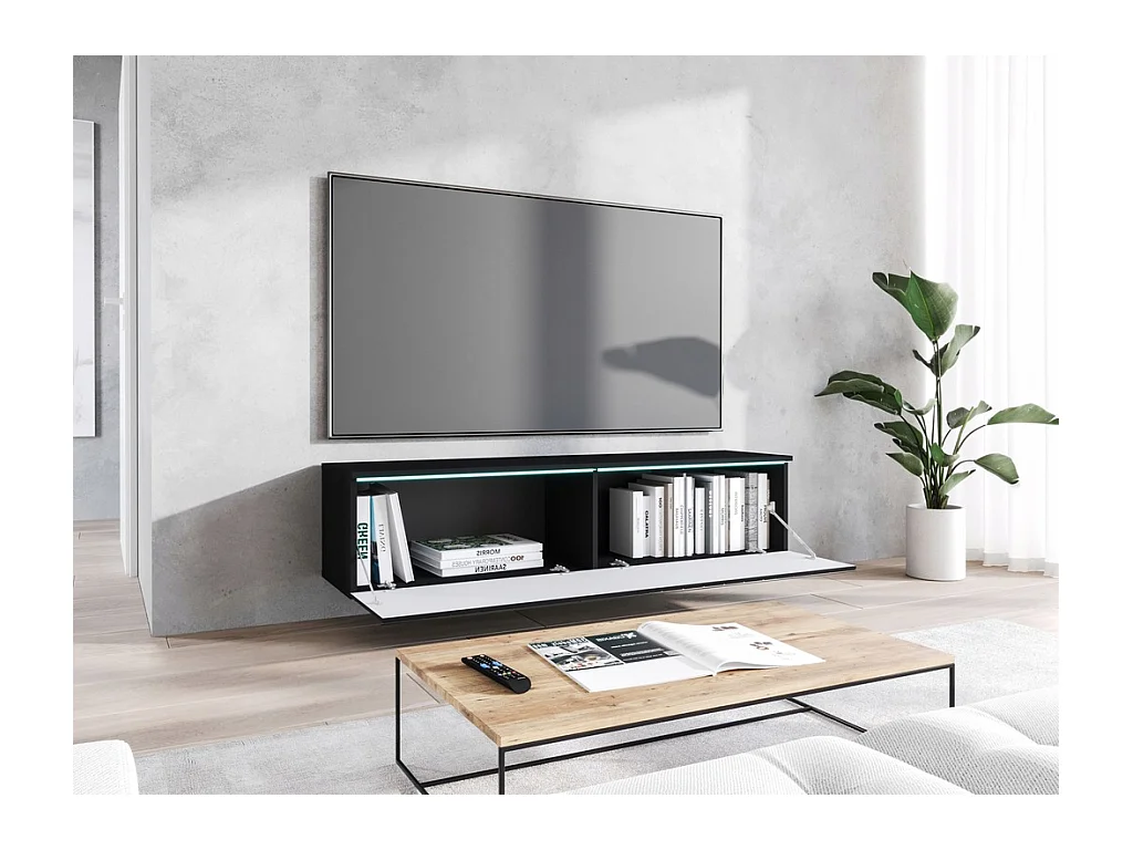 Meuble TV moderne 140 cm pour salon avec LED 2 portes sans poignées noir mat posé ou suspendu façades MDF motif chevrons