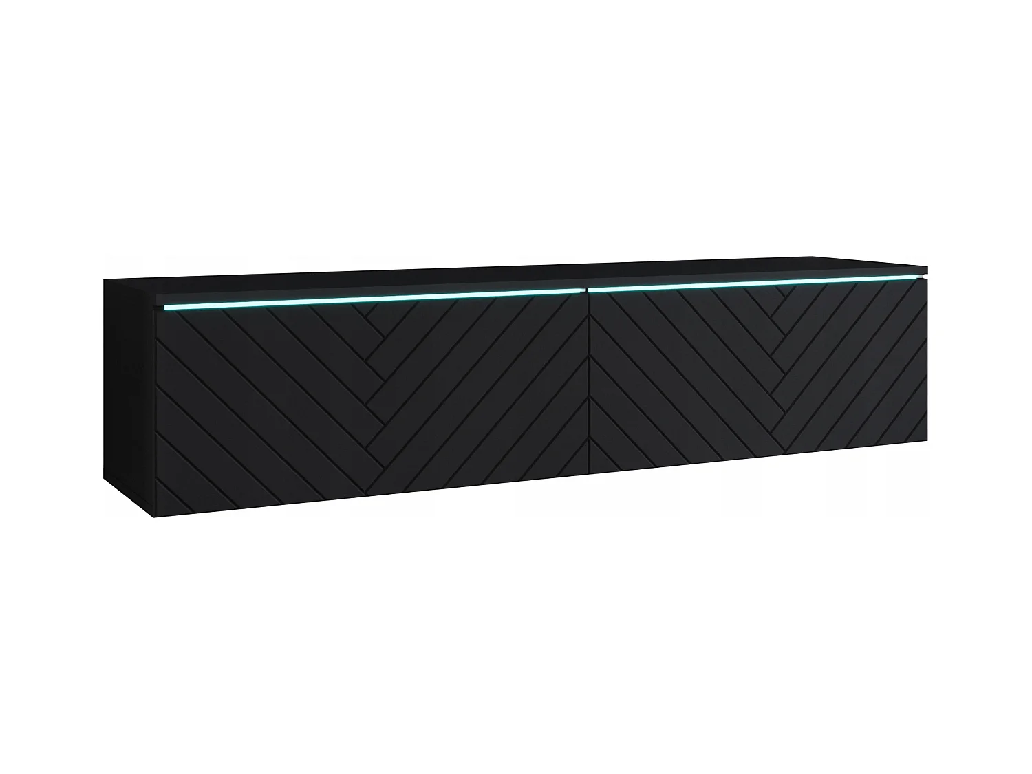 Meuble TV moderne 140 cm pour salon avec LED 2 portes sans poignées noir mat posé ou suspendu façades MDF motif chevrons