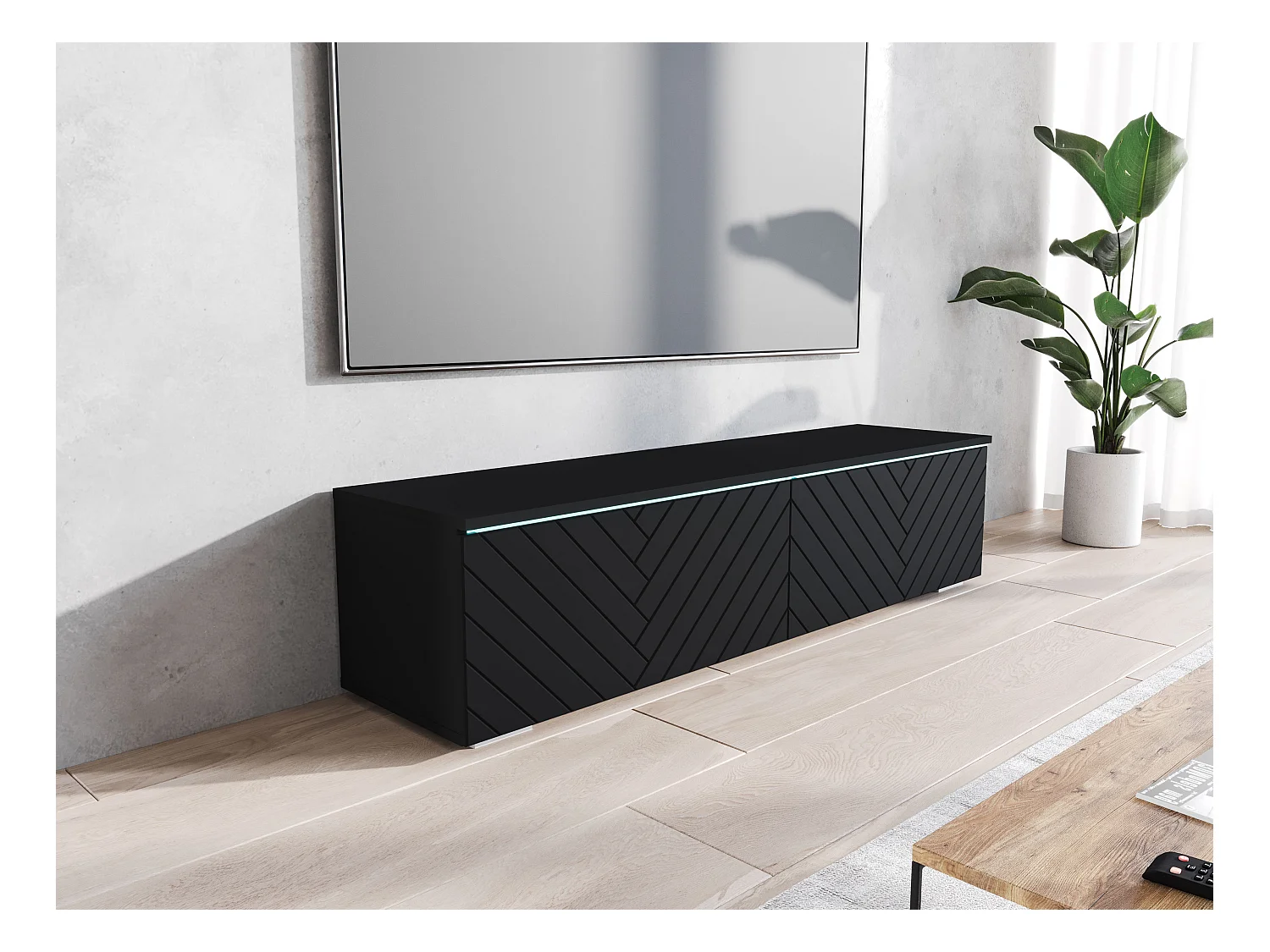 Meuble TV moderne 140 cm pour salon avec LED 2 portes sans poignées noir mat posé ou suspendu façades MDF motif chevrons