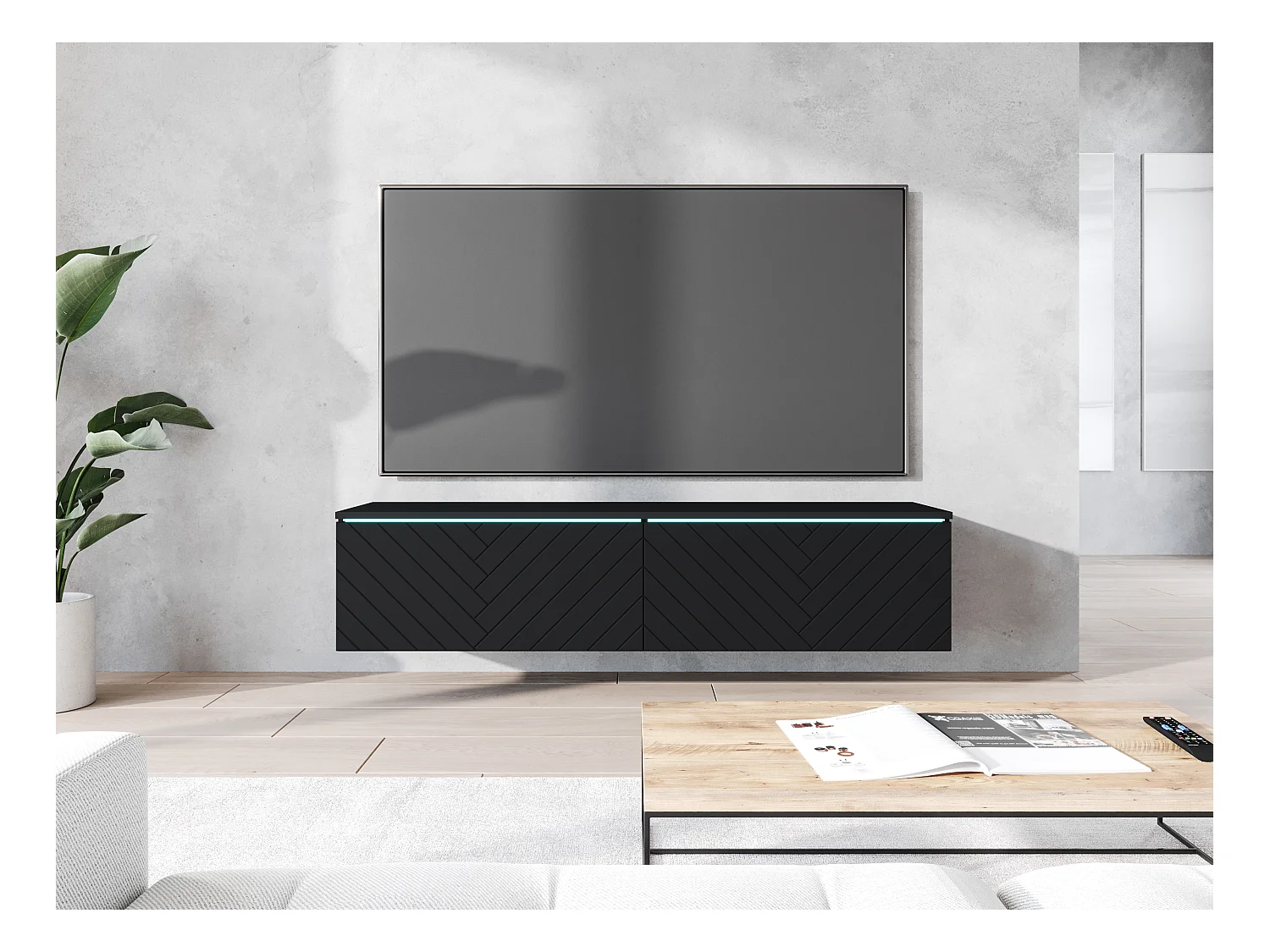 Meuble TV moderne 140 cm pour salon avec LED 2 portes sans poignées noir mat posé ou suspendu façades MDF motif chevrons