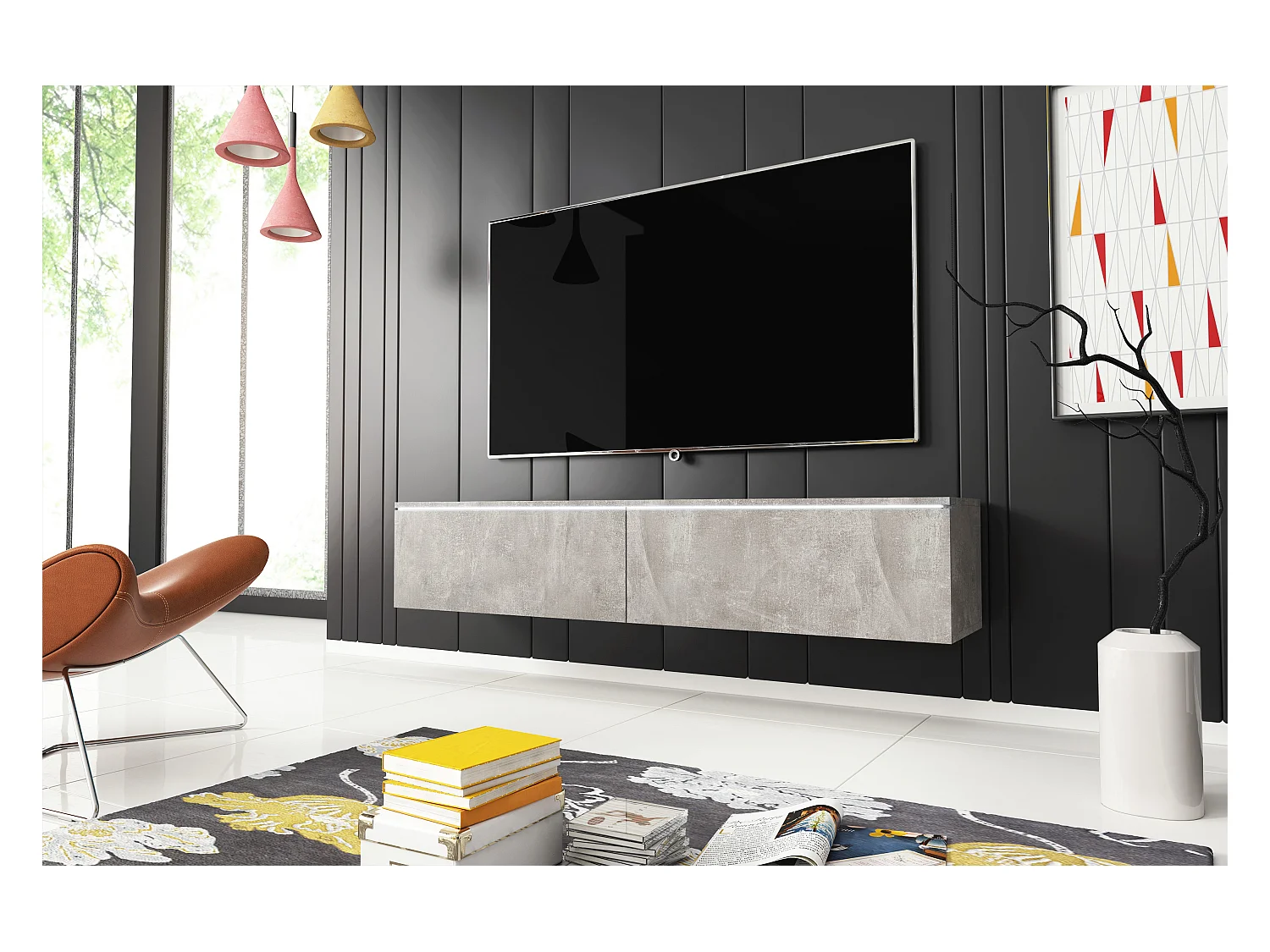 Meuble TV moderne 140 cm avec LED 2 portes, sans poignées, béton mat, posé ou suspendu