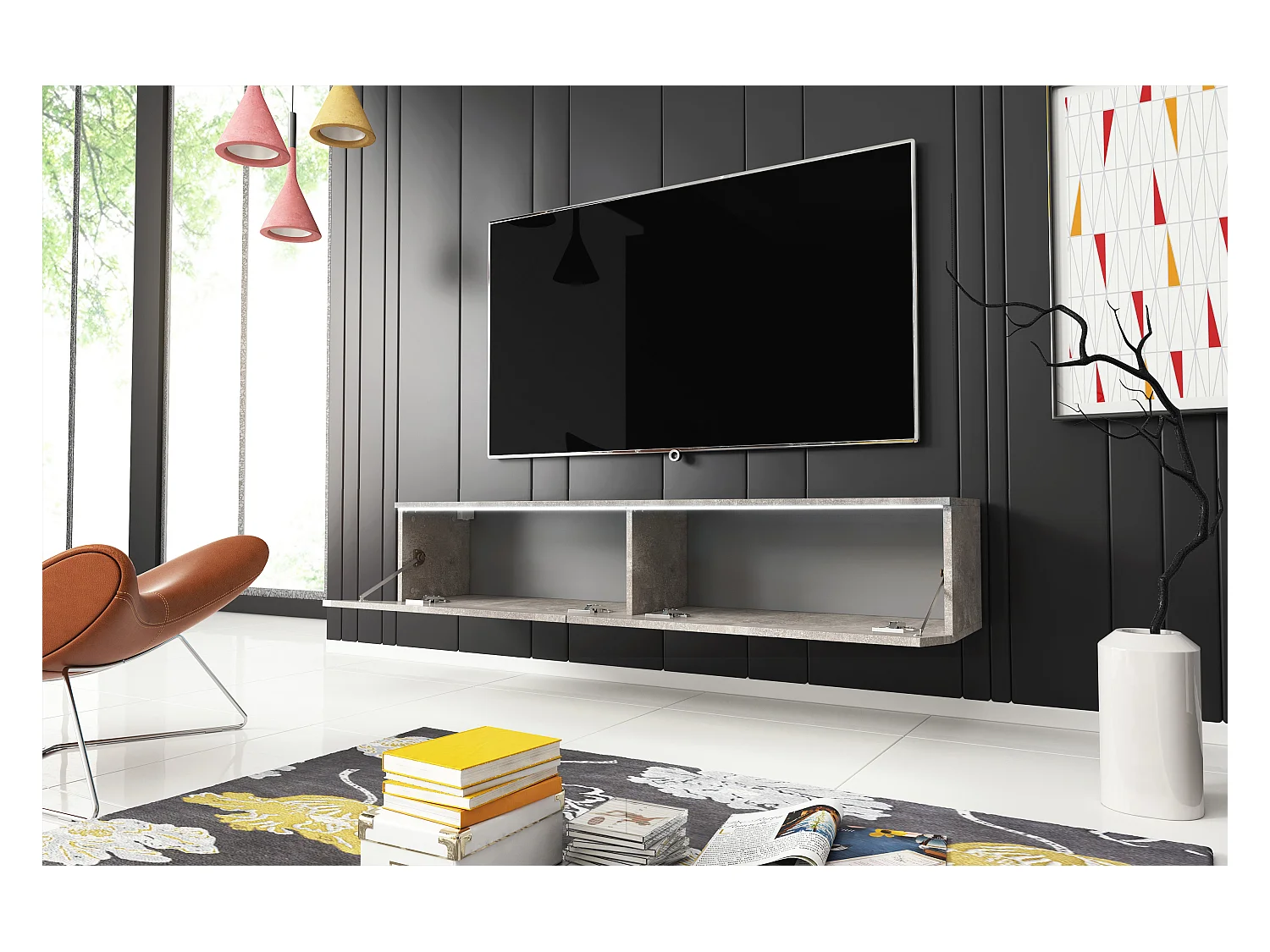 Meuble TV moderne 140 cm avec LED 2 portes, sans poignées, béton mat, posé ou suspendu