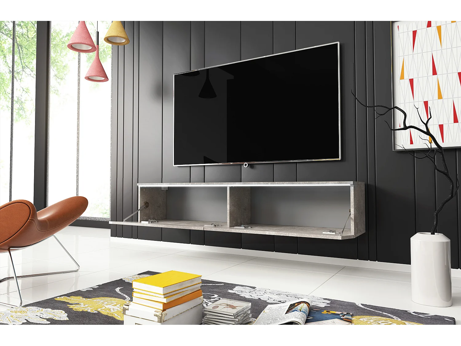 Nowoczesna szafka RTV 140 cm do salonu z LED 2-drzwiowa, bezuchwytowa, beton mat, stojąca lub wisząca