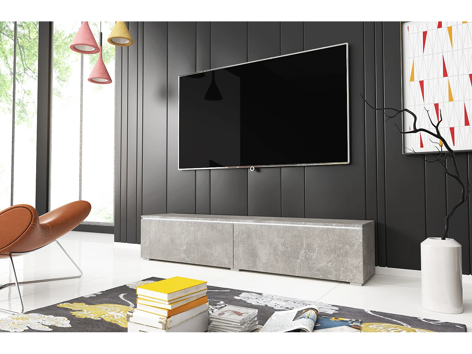 Meuble TV moderne 140 cm avec LED 2 portes, sans poignées, béton mat, posé ou suspendu