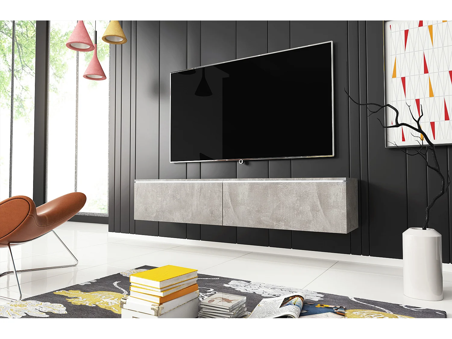 Meuble TV moderne 140 cm avec LED 2 portes, sans poignées, béton mat, posé ou suspendu