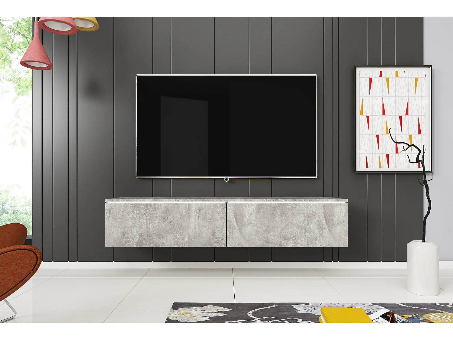 Meuble TV moderne 140 cm avec LED 2 portes, sans poignées, béton mat, posé ou suspendu