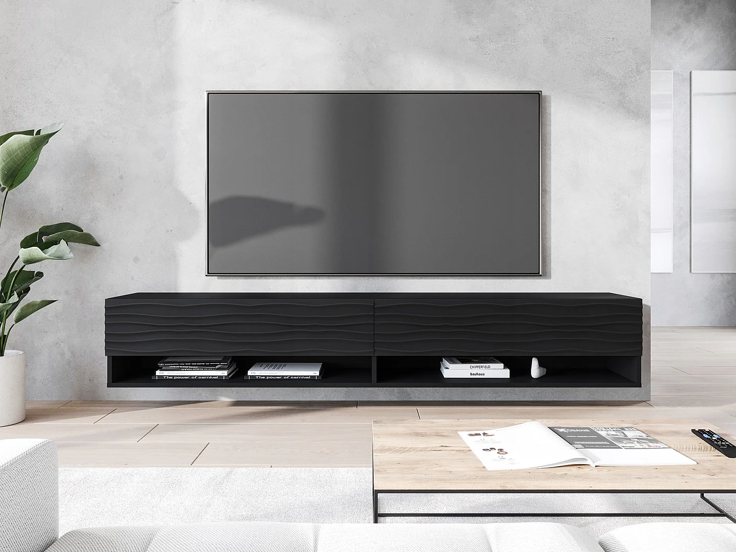 Meuble TV moderne 180 cm avec LED – corps noir mat, façades MDF ondulation, sans poignées, suspendu ou posé
