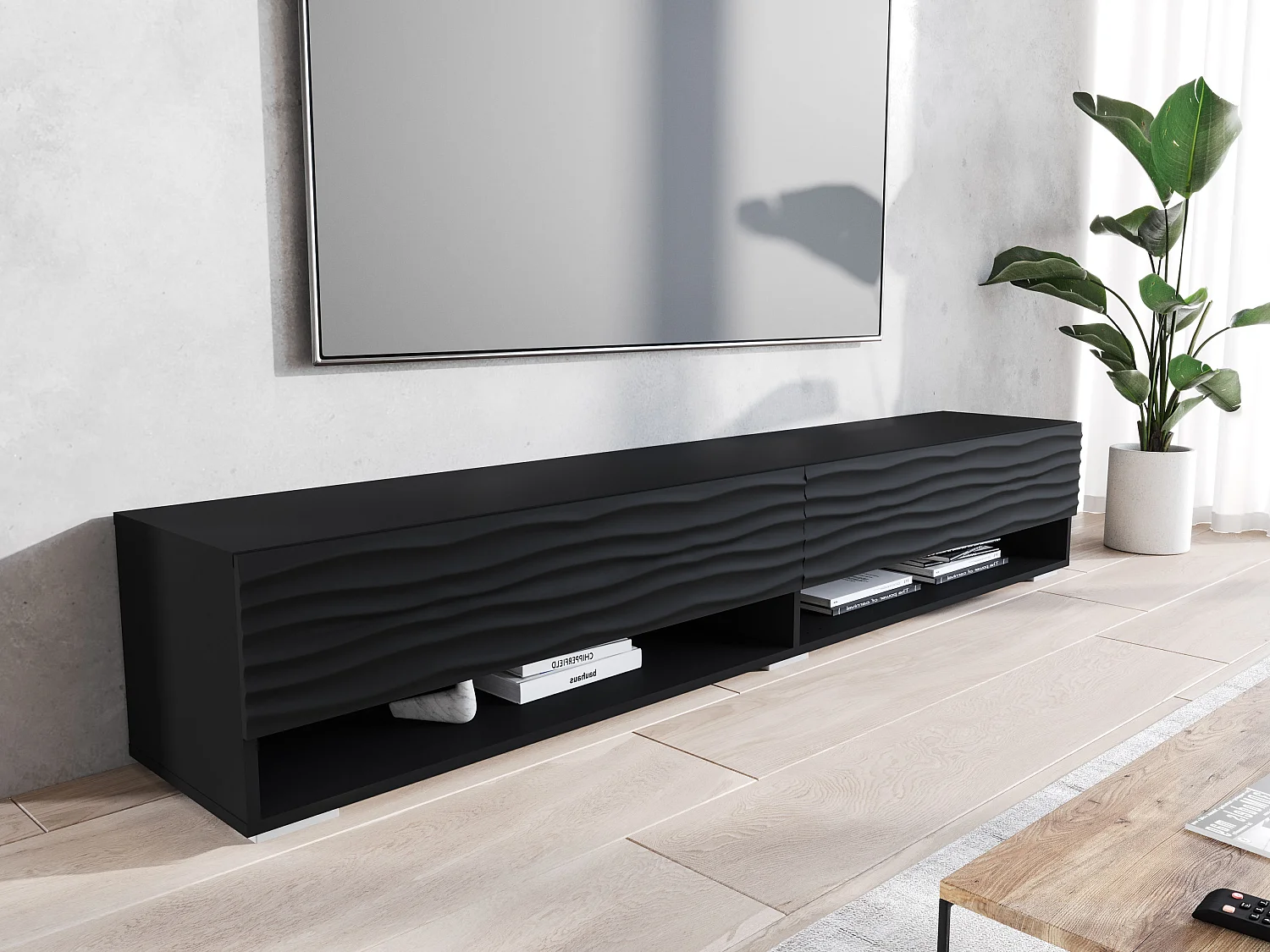 Moderner 180 cm TV-Ständer mit LED-Beleuchtung, MDF-Fronten mit Wellenmuster, Hängend oder Stehend