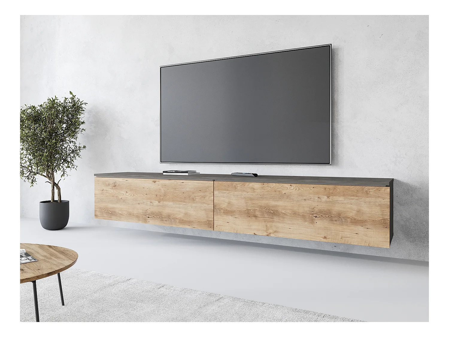 Meuble TV moderne 180 cm pour salon avec LED – 2 portes, sans poignées, caisson anthracite, façades châtaignier mat, à poser ou à suspendre