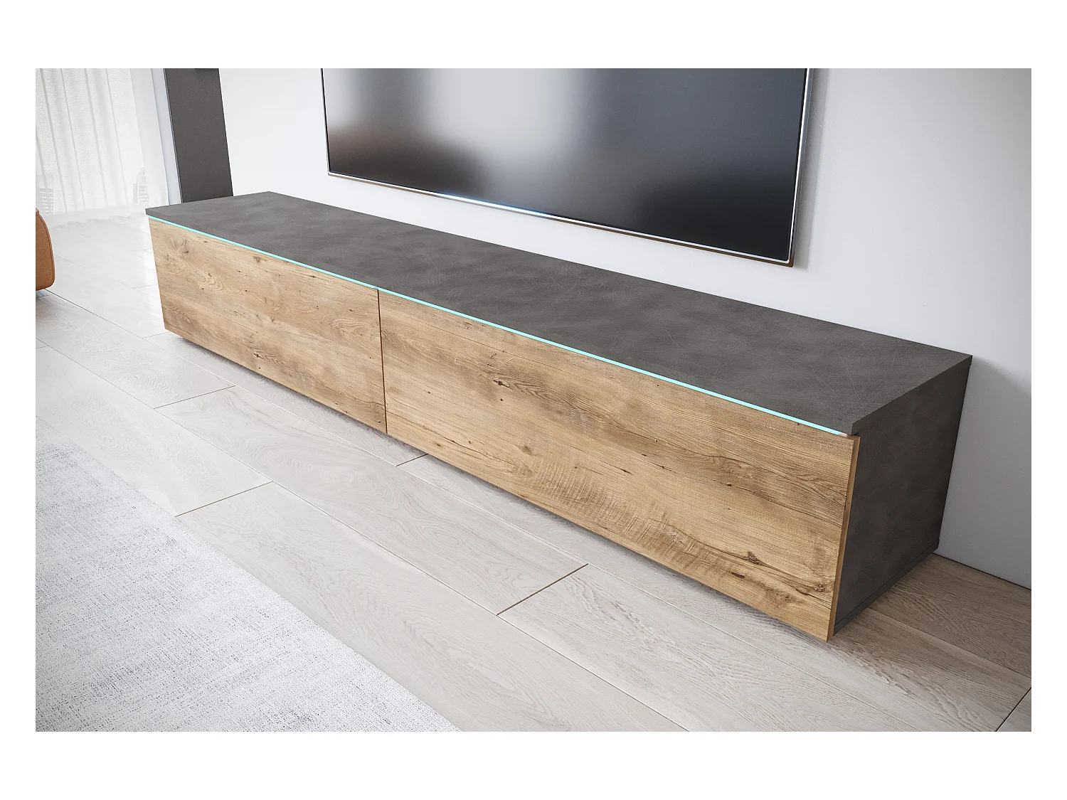 Meuble TV moderne 180 cm pour salon avec LED – 2 portes, sans poignées, caisson anthracite, façades châtaignier mat, à poser ou à suspendre