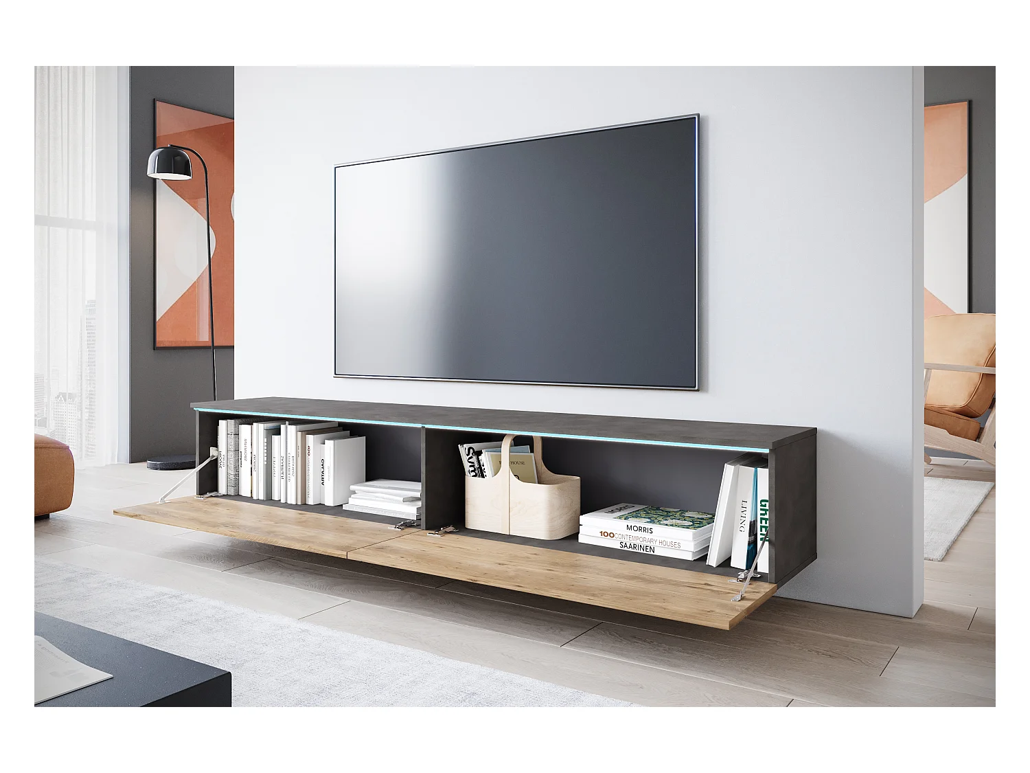 Meuble TV moderne 180 cm pour salon avec LED – 2 portes, sans poignées, caisson anthracite, façades châtaignier mat, à poser ou à suspendre