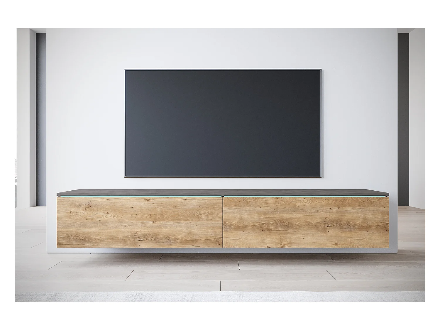 Meuble TV moderne 180 cm pour salon avec LED – 2 portes, sans poignées, caisson anthracite, façades châtaignier mat, à poser ou à suspendre