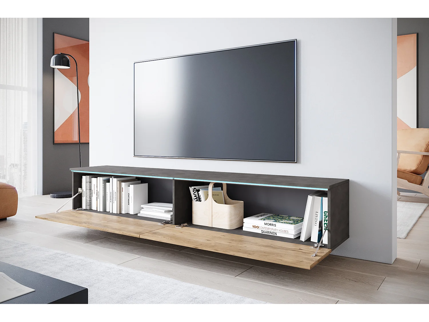 Mueble de TV moderno 180 cm para salón con LED – 2 puertas, sin tiradores, cuerpo antracita, frentes castaño mate, de pie o suspendido