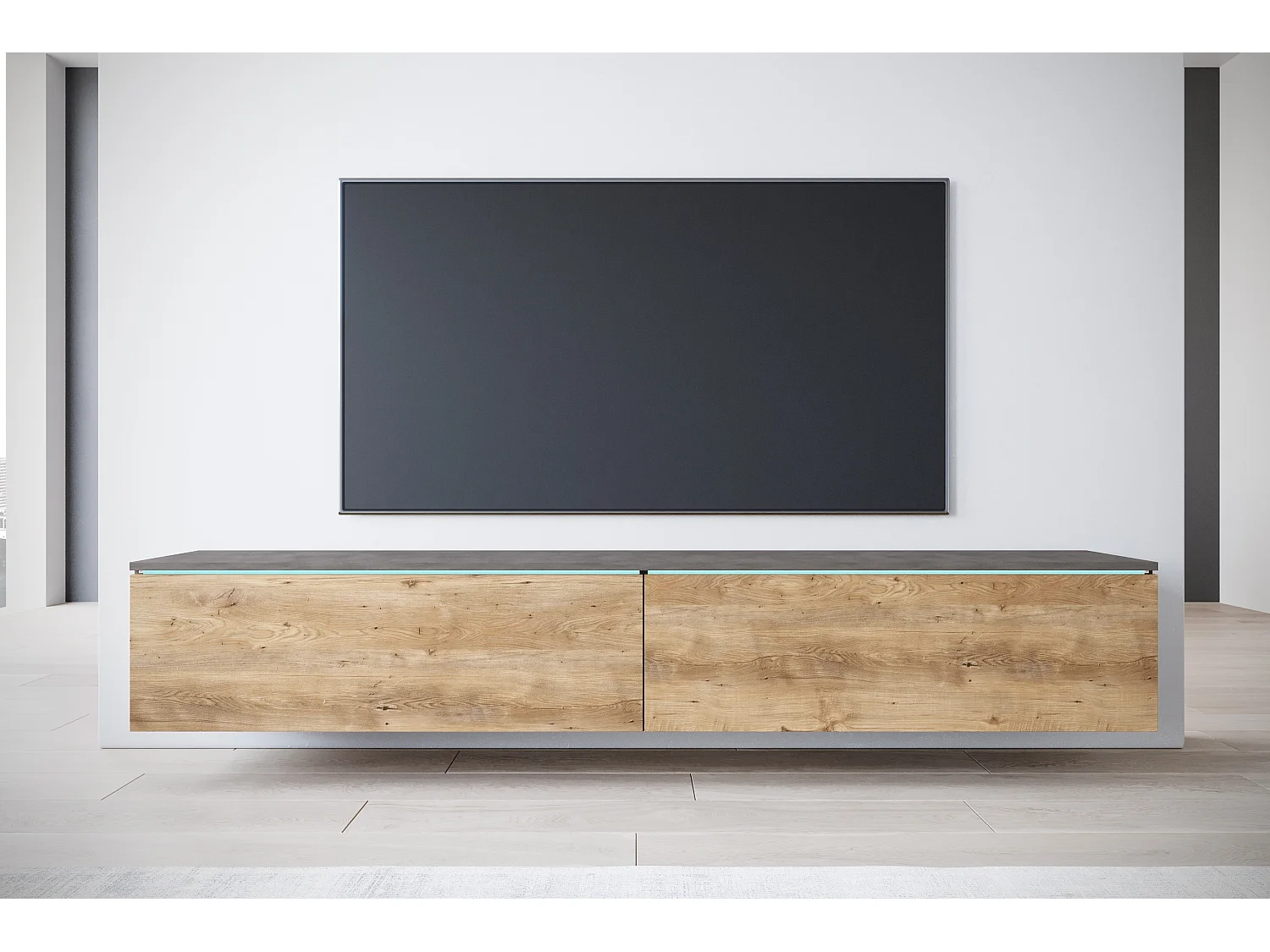 Mueble de TV moderno 180 cm para salón con LED – 2 puertas, sin tiradores, cuerpo antracita, frentes castaño mate, de pie o suspendido