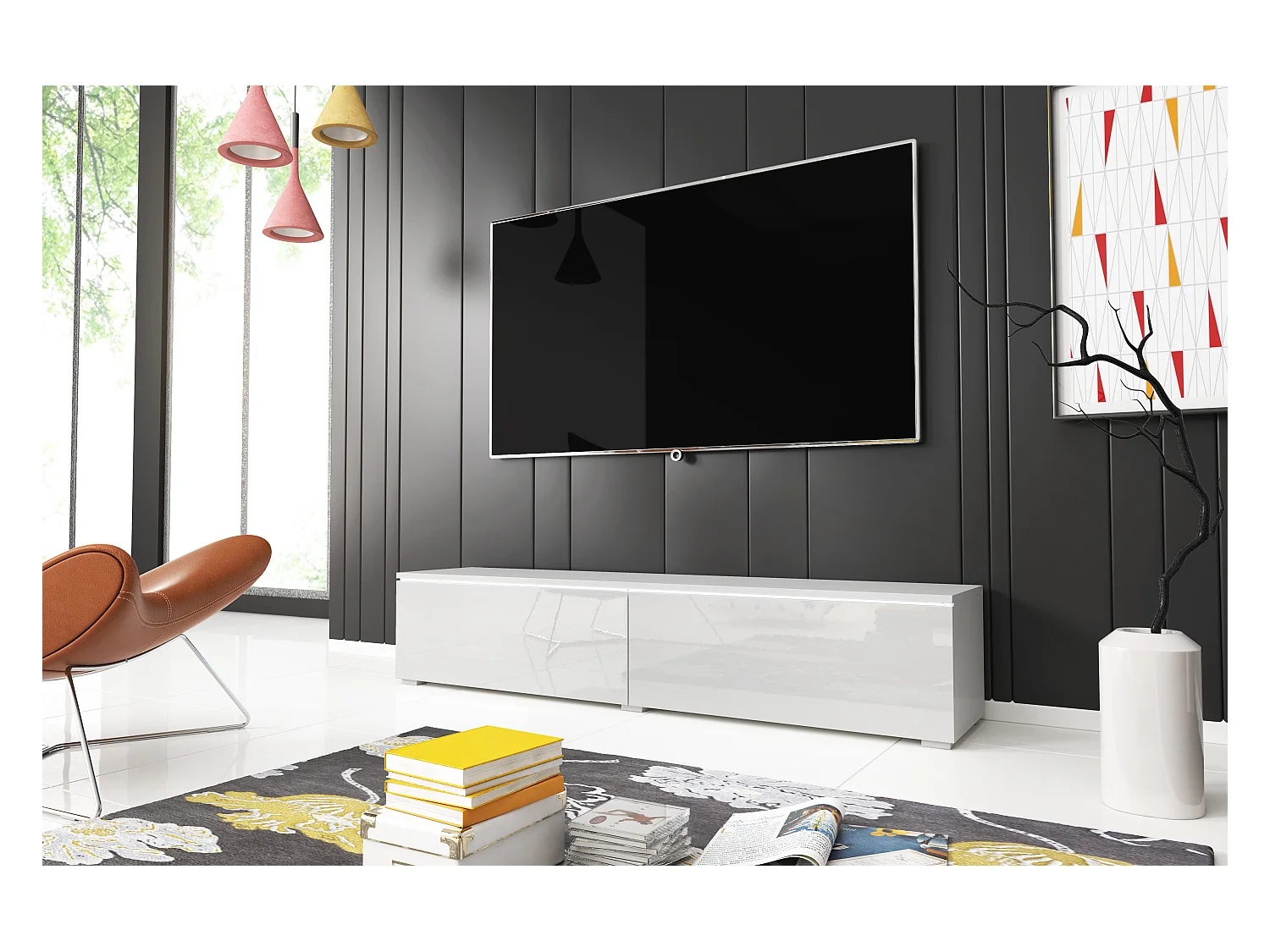 Meuble TV moderne 140 cm avec LED 2 portes, sans poignées, caisson blanc mat, façades blanc brillant, posé ou suspendu