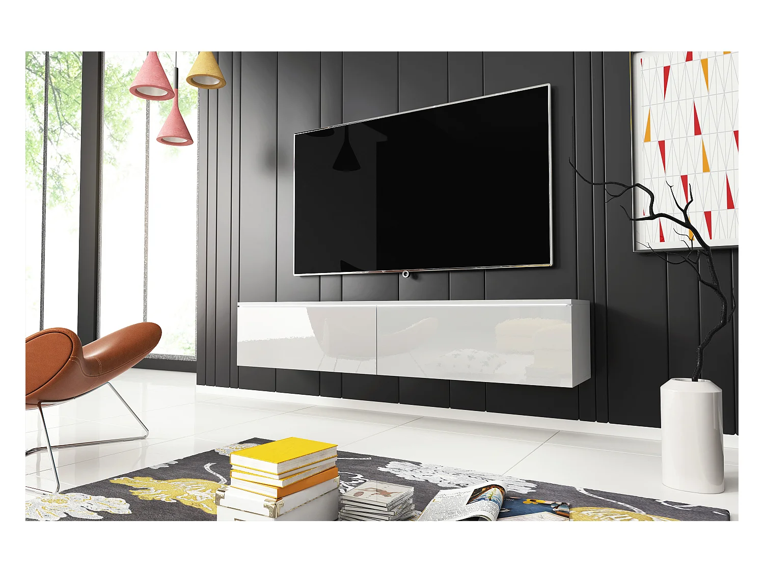 Meuble TV moderne 140 cm avec LED 2 portes, sans poignées, caisson blanc mat, façades blanc brillant, posé ou suspendu