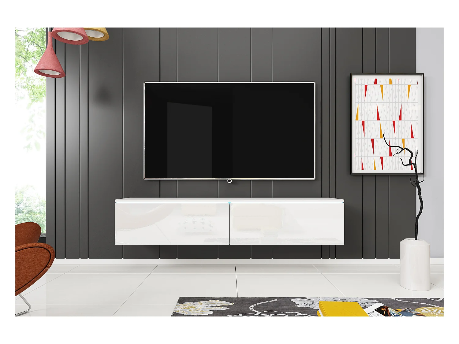 Meuble TV moderne 140 cm avec LED 2 portes, sans poignées, caisson blanc mat, façades blanc brillant, posé ou suspendu